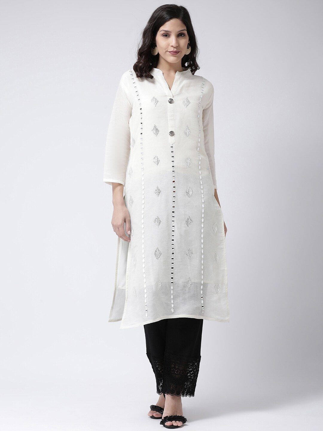 

Charitra Ethnic Motifs Embroidered Mirror Work Panelled A-Line Kurta, Off white