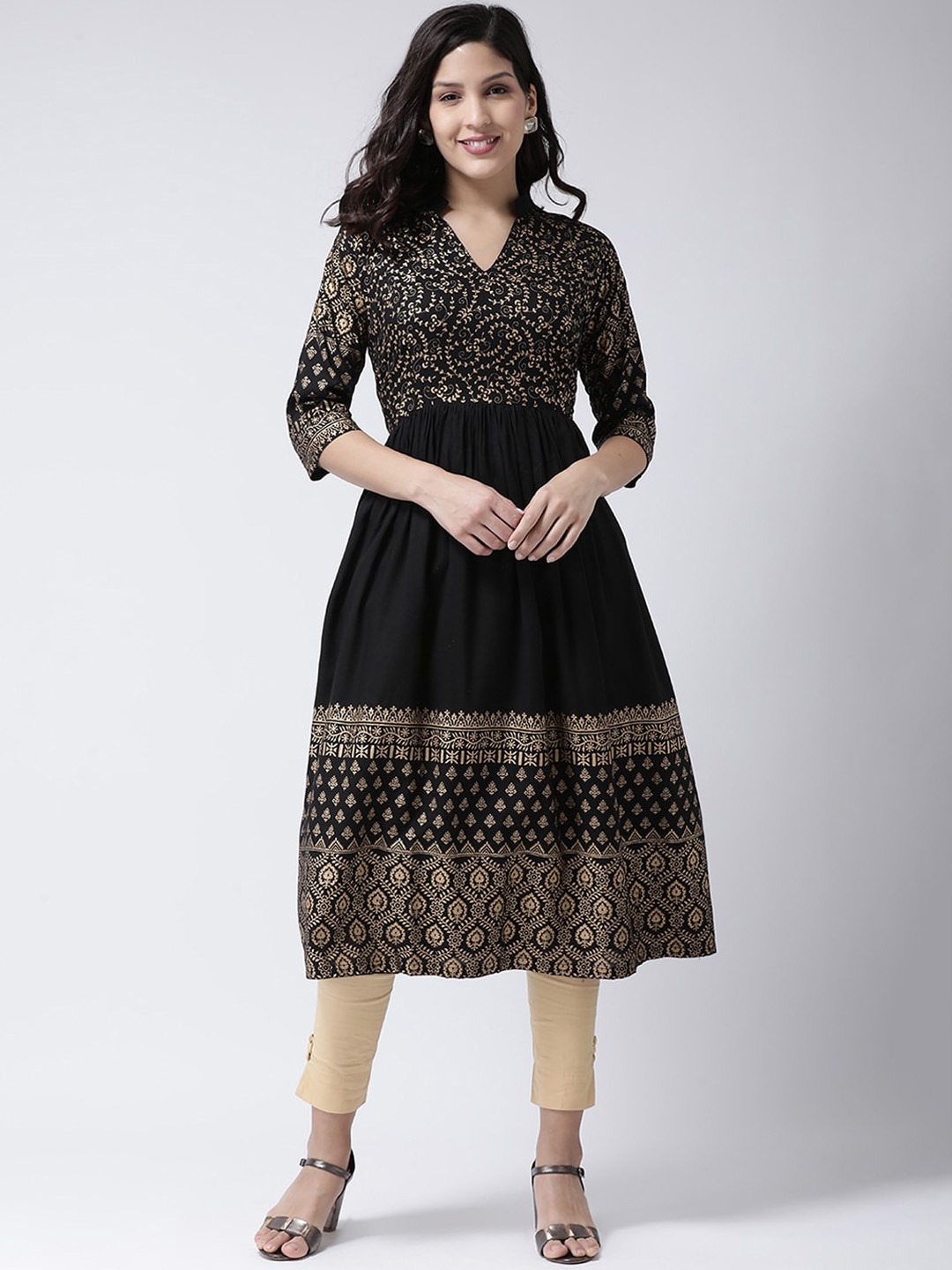 

Charitra Ethnic Motif Printed Mandarin Collar Empire Kurta, Black