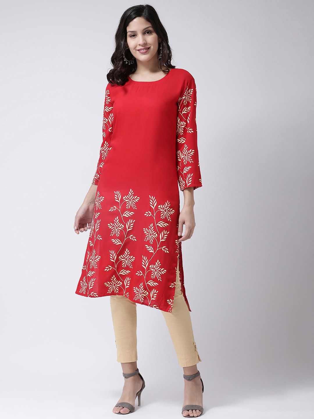

Charitra Floral Printed Straight Cotton Kurta, Red