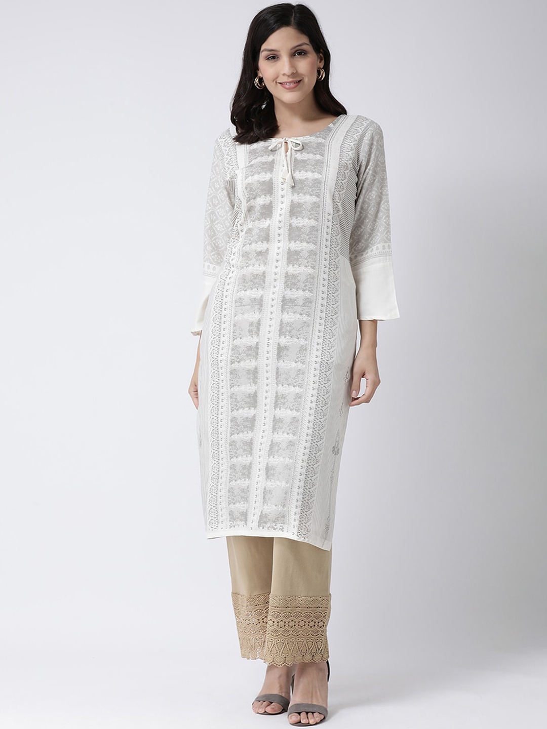 

Charitra Ethnic Motif Printed Tie Up Neck Straight Kurta, White