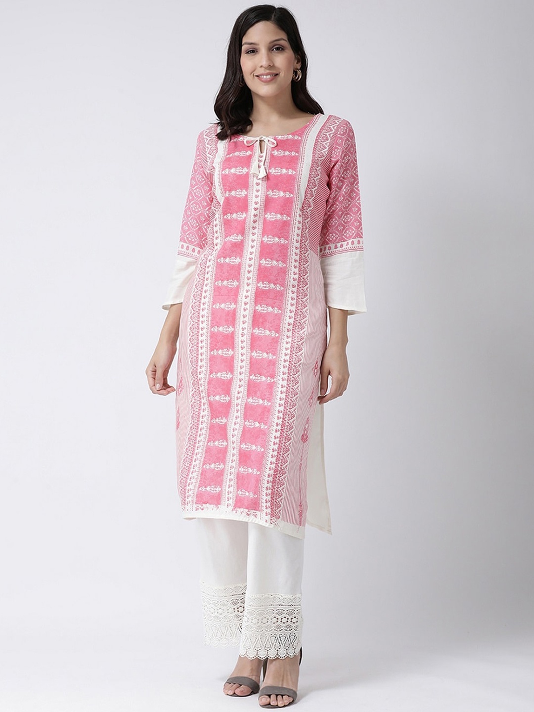 

Charitra Ethnic Motifs Printed Tie-Up Neck Cotton Kurta, Pink