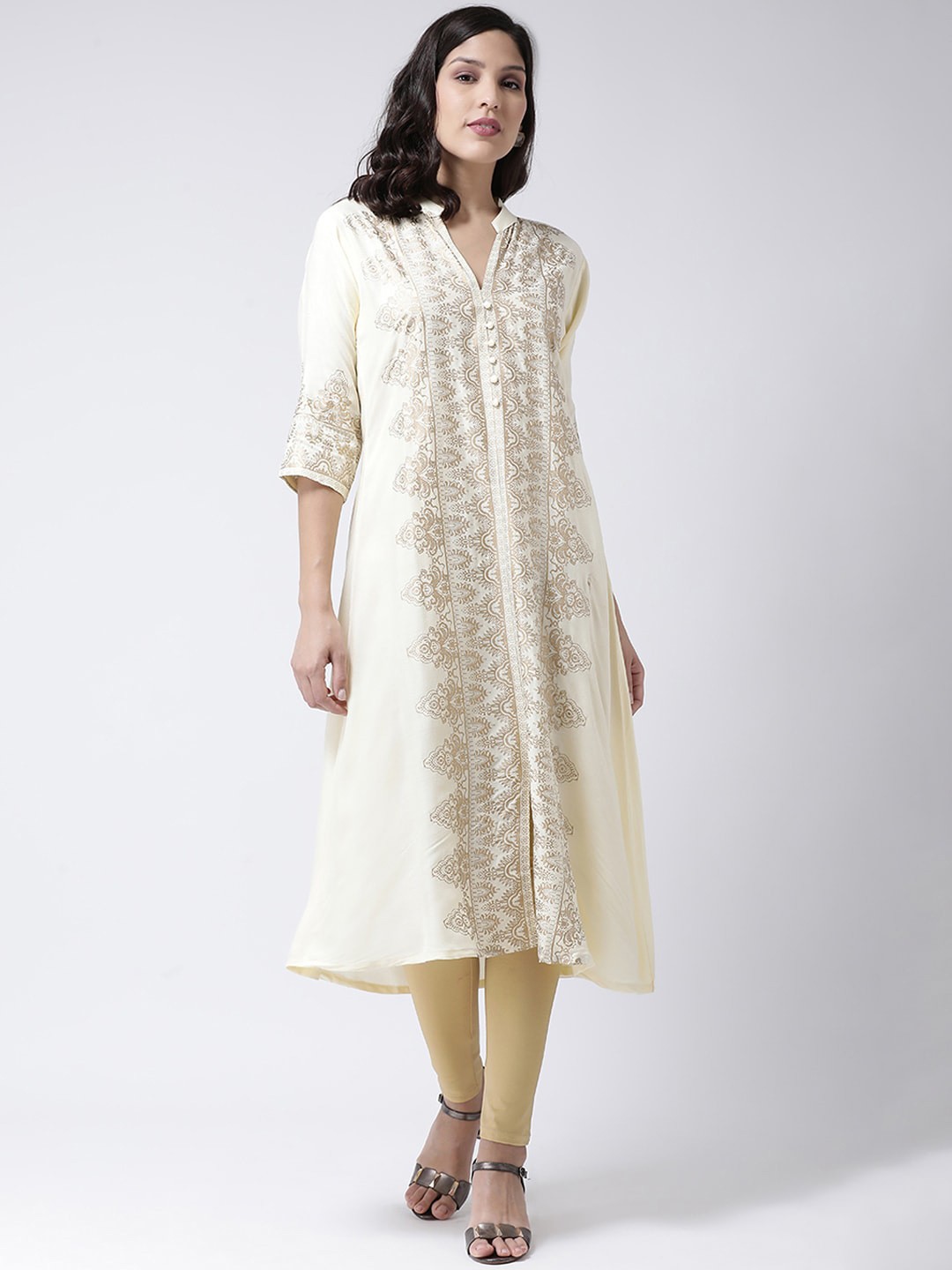 

Charitra Ethnic Motif Printed Band Collar A-Line Kurta, Cream