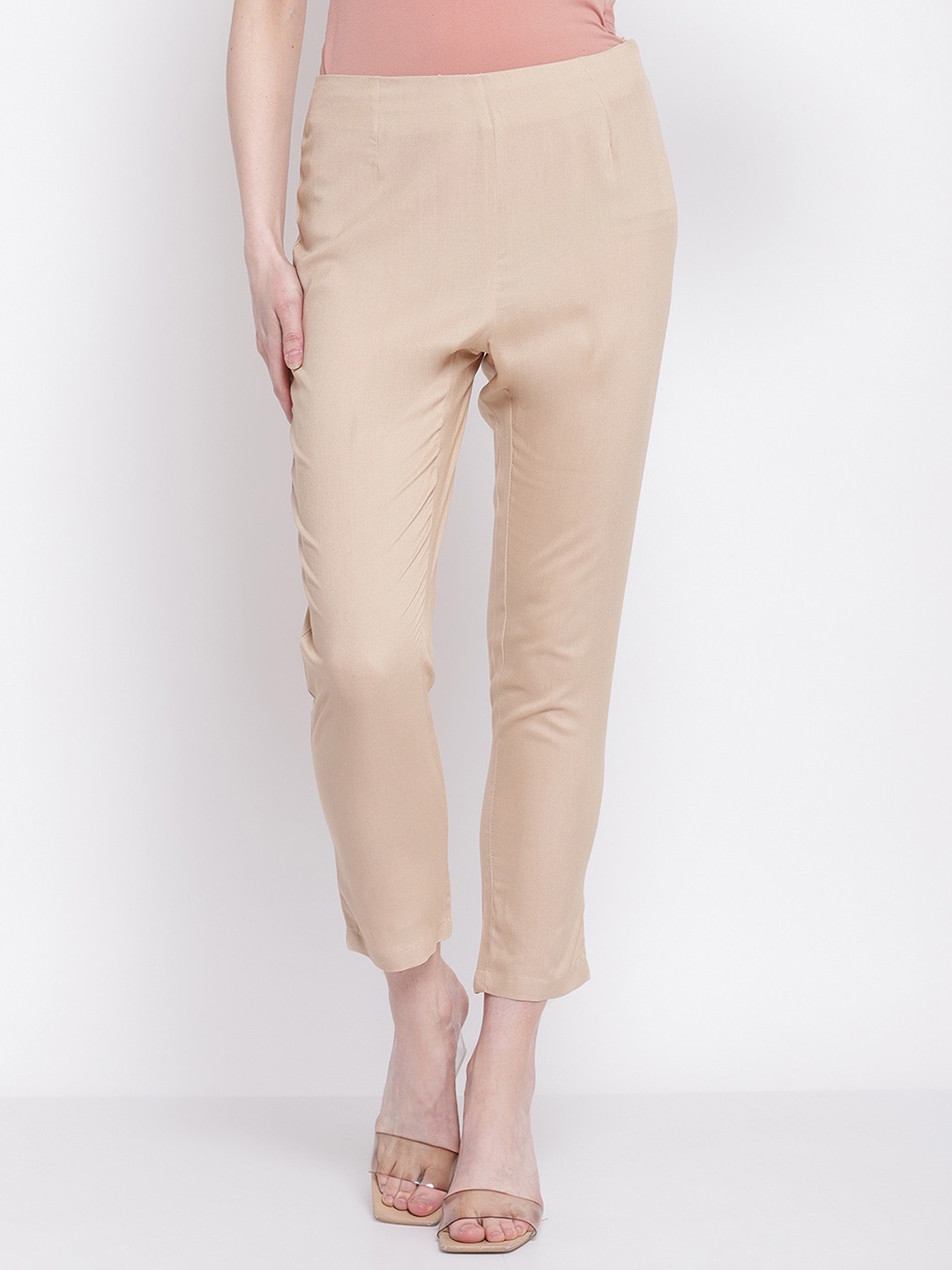 

Cantabil Women Mid-Rise Cropped Cigarette Trousers, Beige