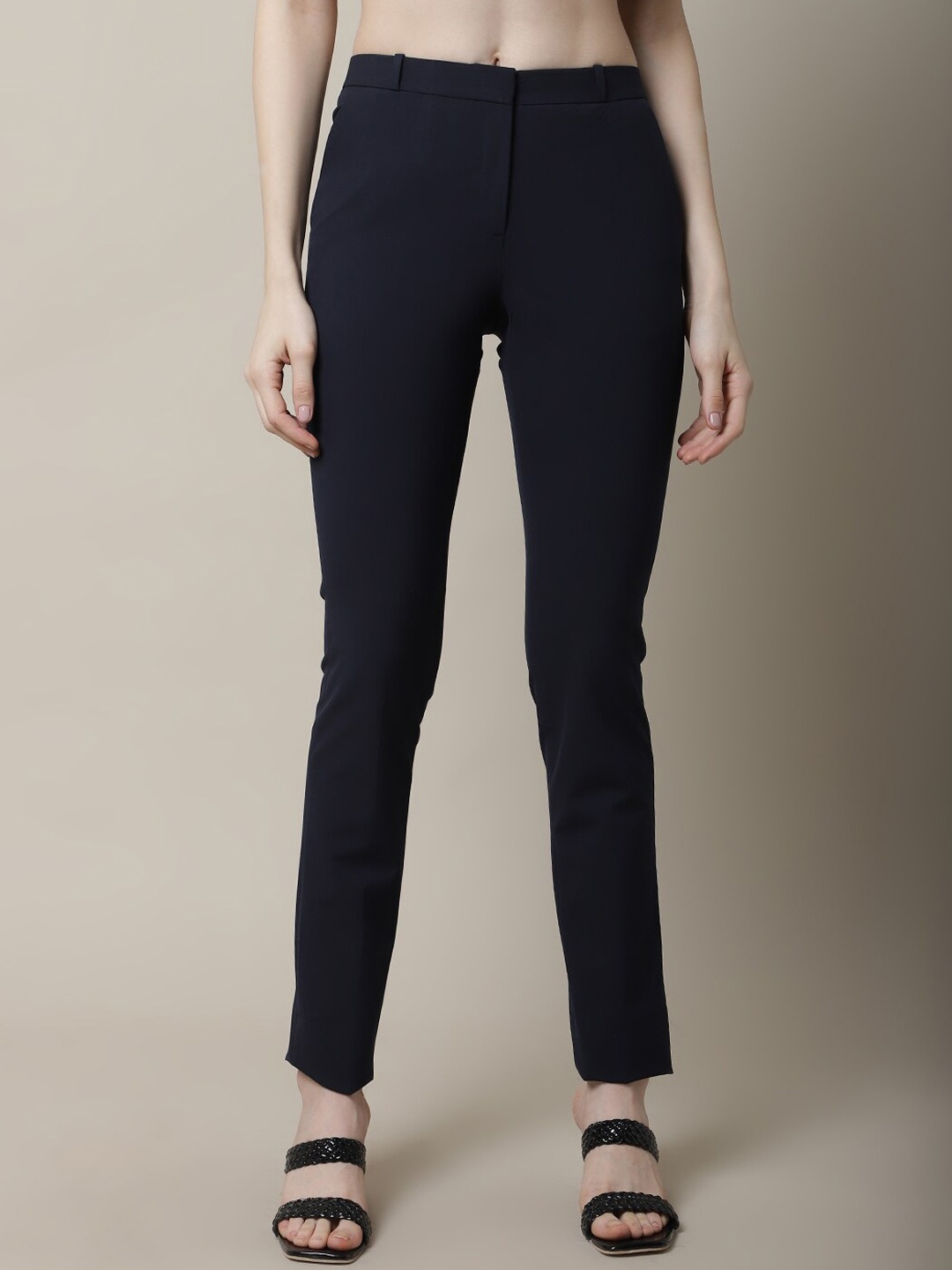

Cantabil Women Mid-Rise Cotton Regular Trousers, Navy blue