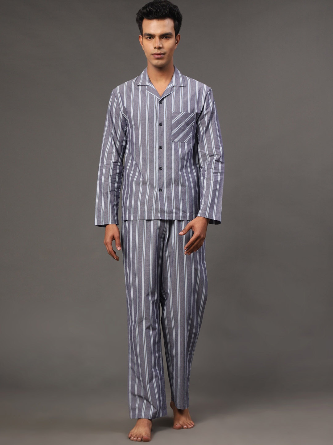 

BStories Striped Lapel Collar Pure Cotton Night Suit, Blue