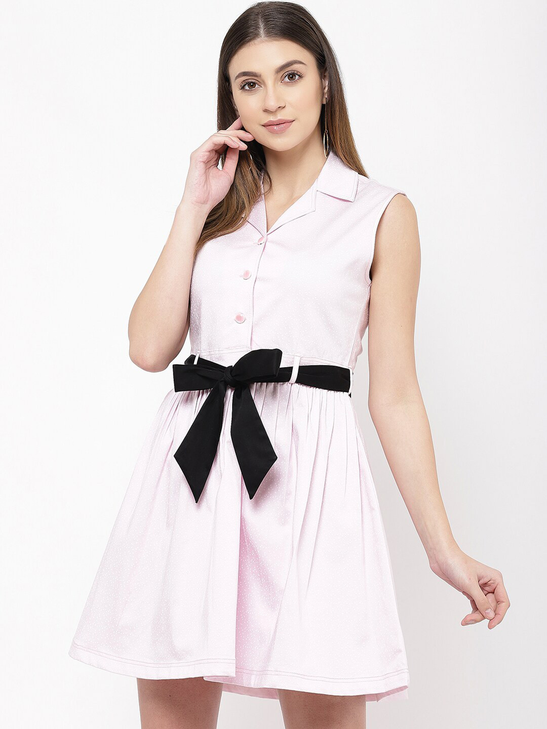 

urSense Geometric Printed Belted Fit & Flare Mini Dress, Pink