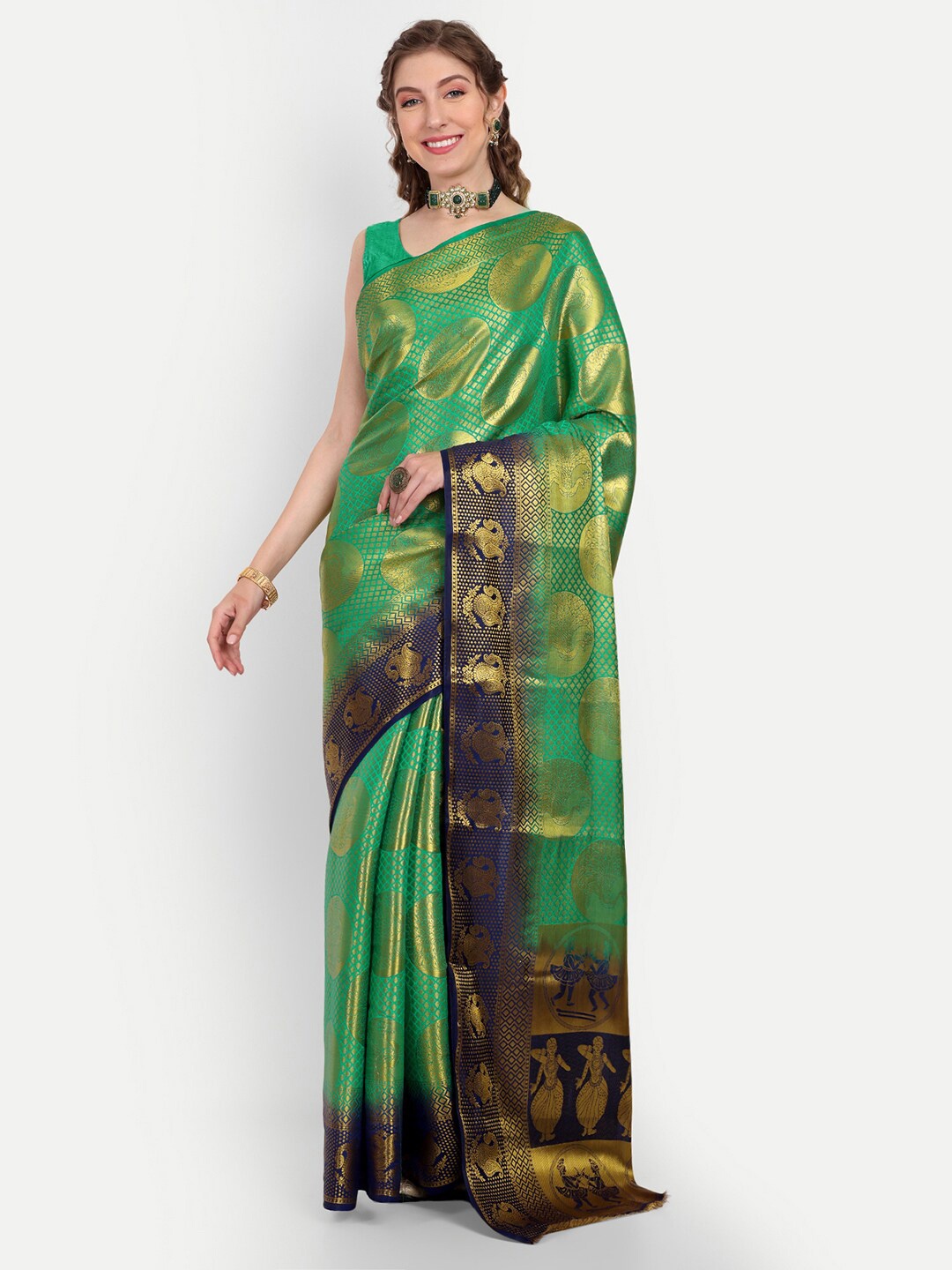 

Paramparik Textile Ethnic Motifs Woven Design Zari Pure Silk Banarasi Saree, Green