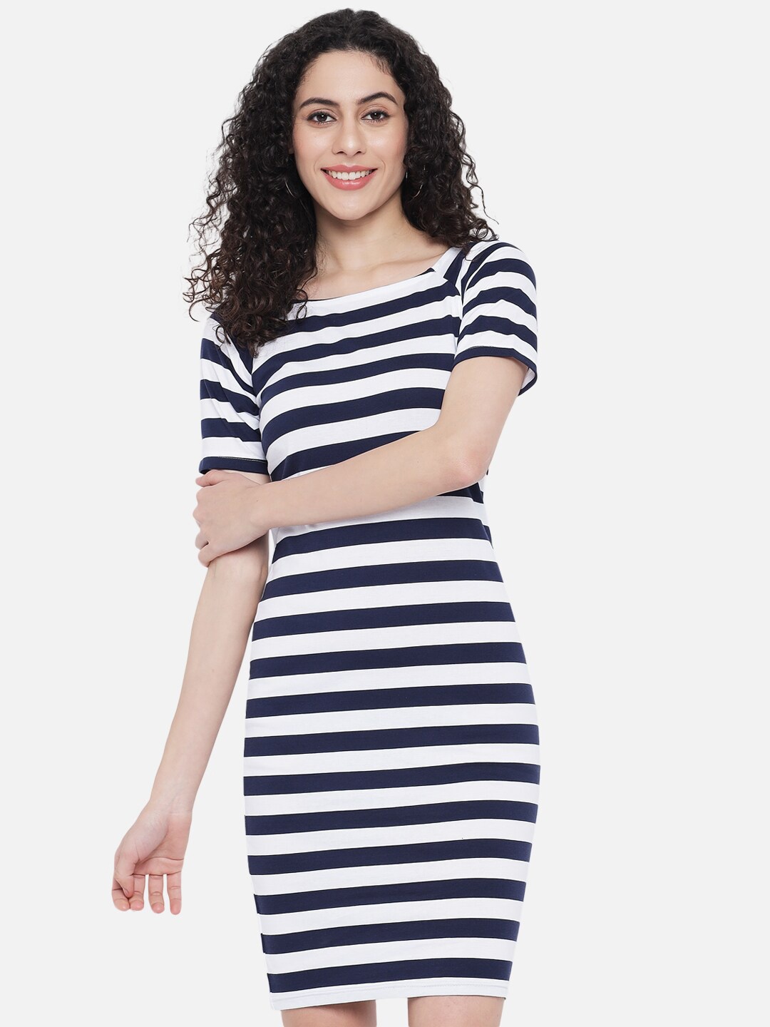 

Trend Arrest Square Neck Striped Bodycon Midi Cotton Dress, White