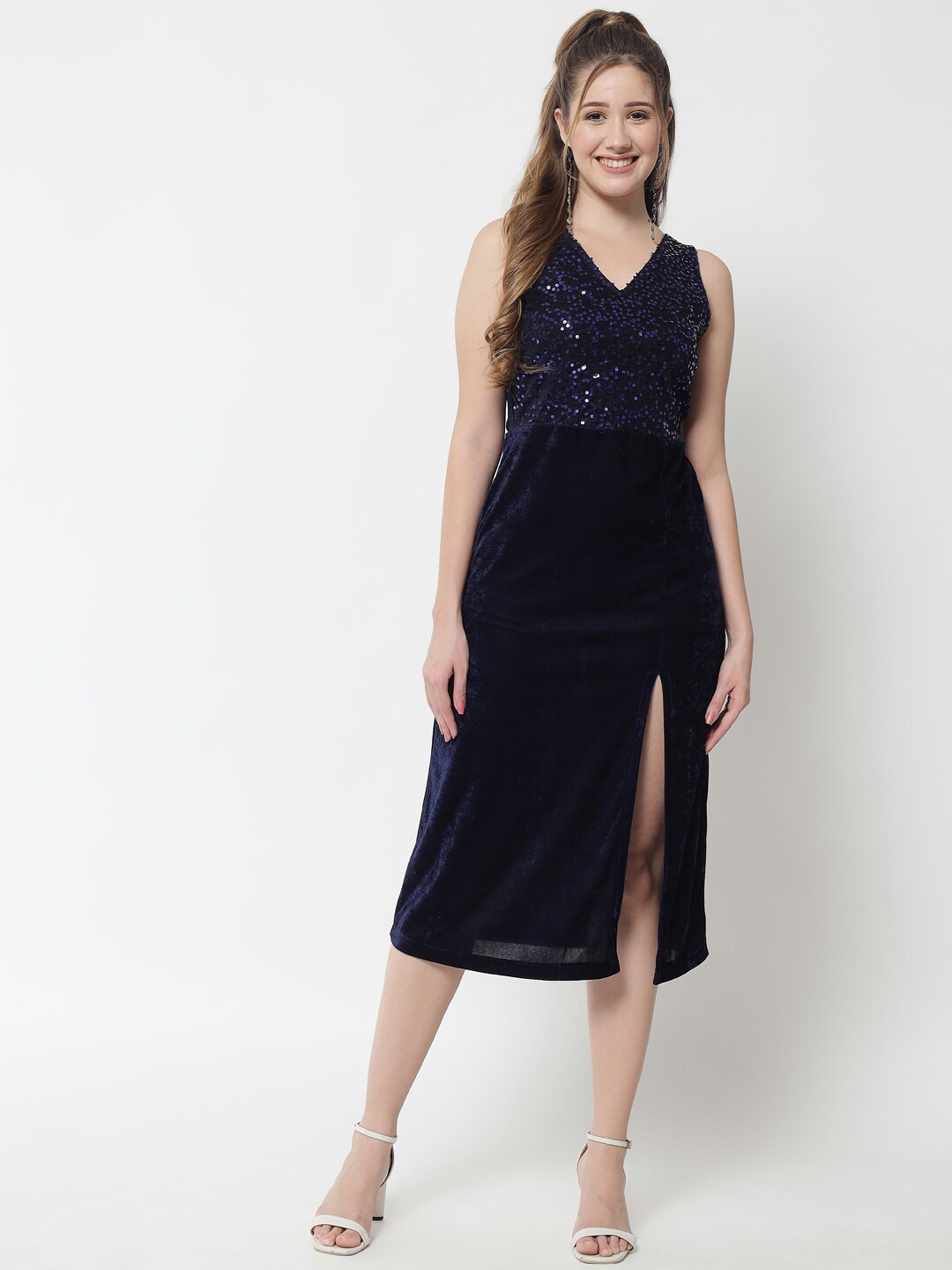 

Trend Arrest V-Neck Sequence Front Slit Velvet Midi Sheath Dress, Navy blue