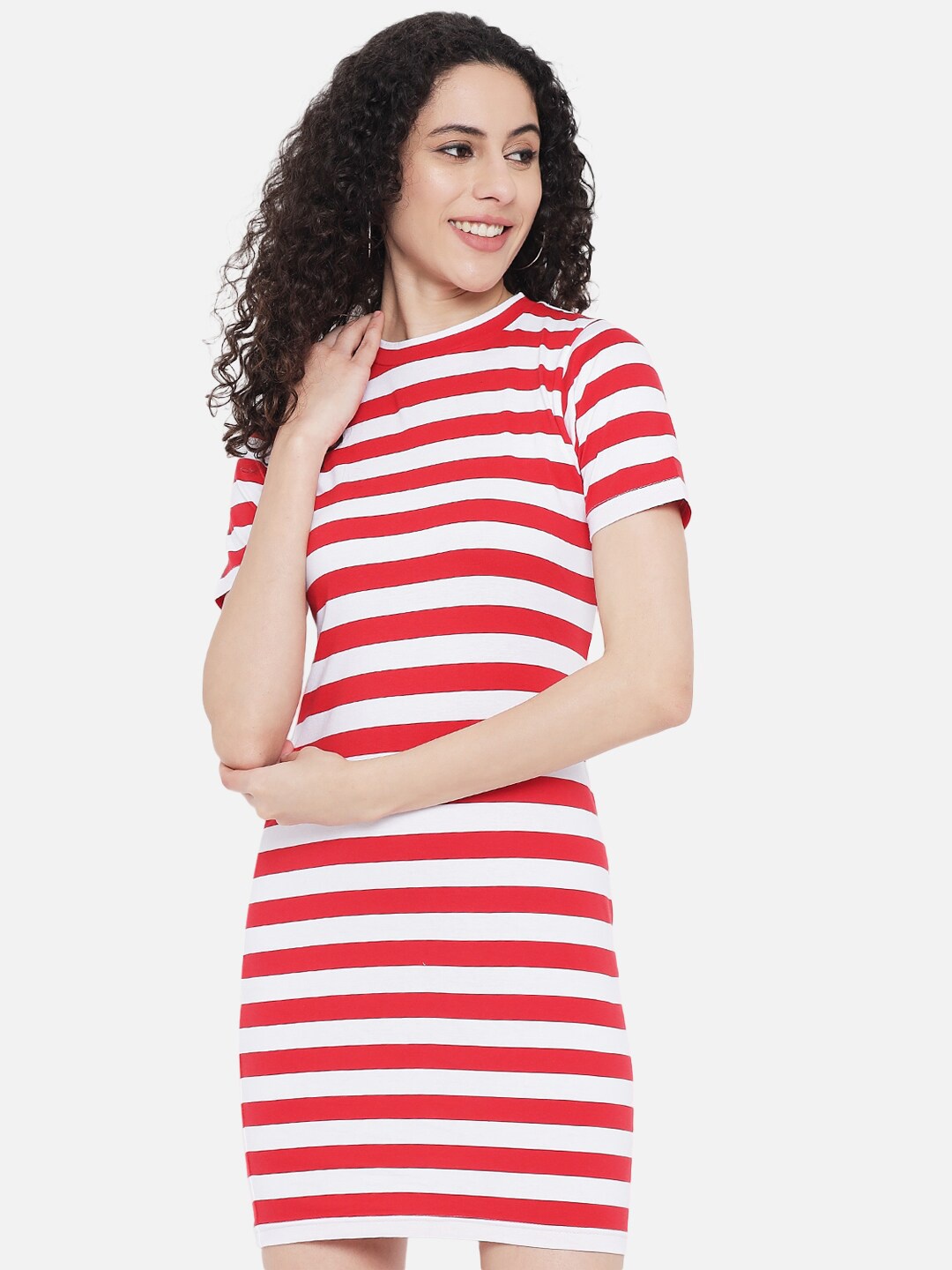 

Trend Arrest Round Neck Striped Mini Cotton T-Shirt Dress, Red