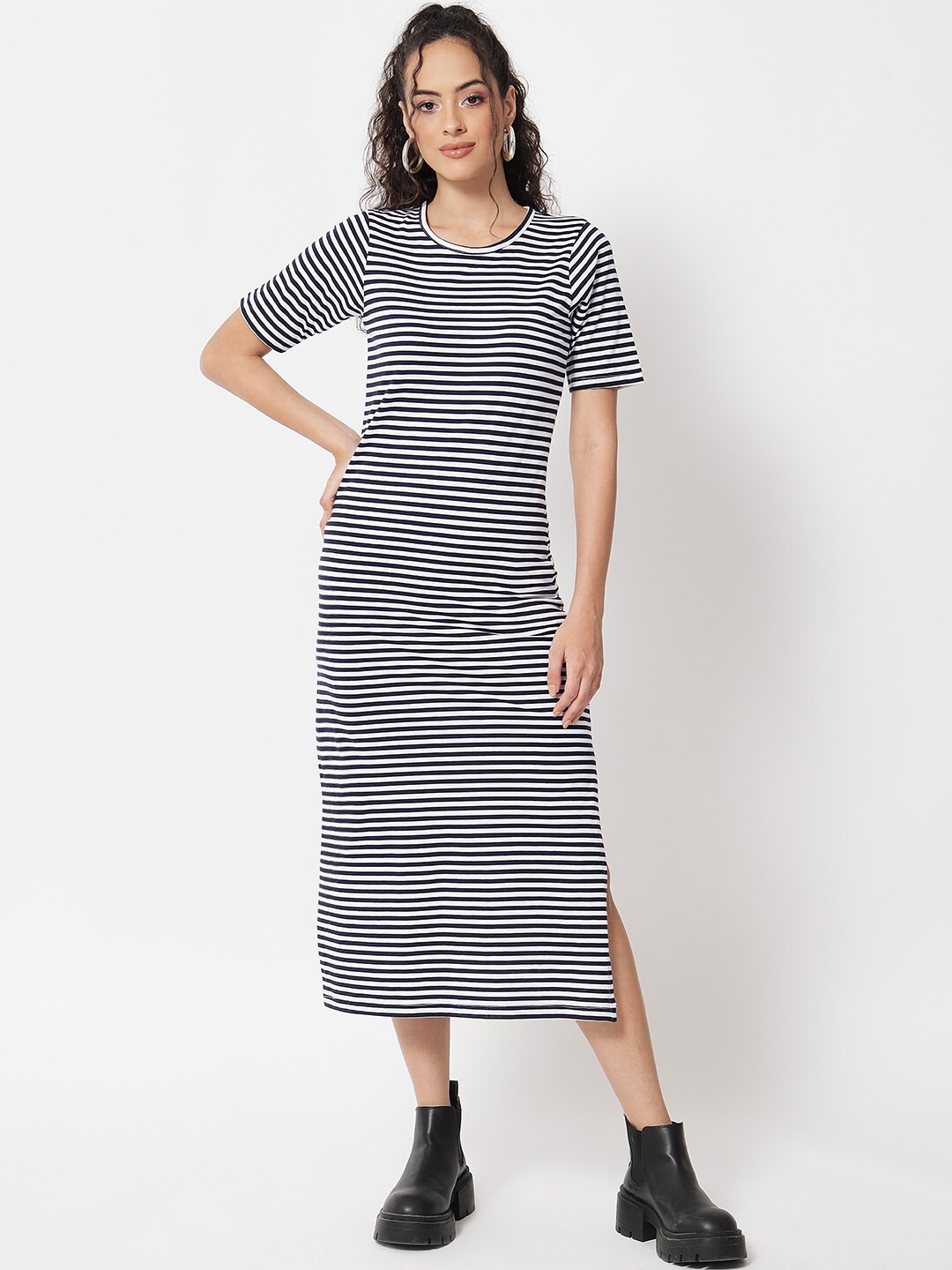 

Trend Arrest Round Neck Striped Sheath Cotton Midi Dress, White