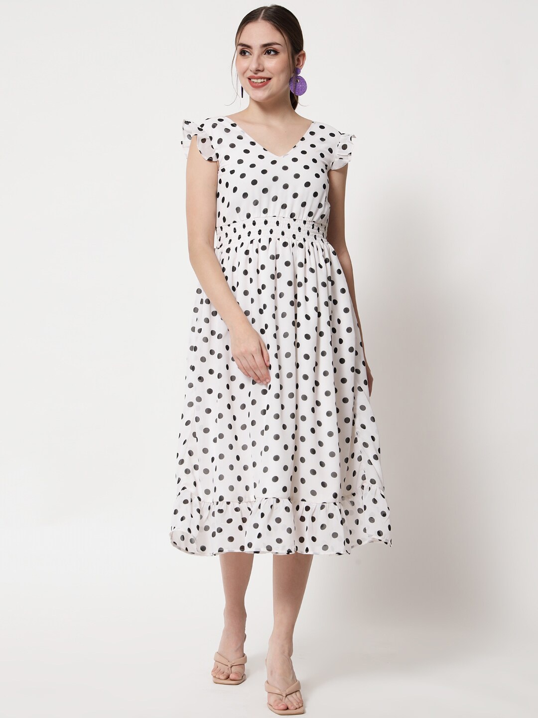 

Trend Arrest V-Neck Polka Dots Printed Georgette Midi Fit And Flare Dress, White
