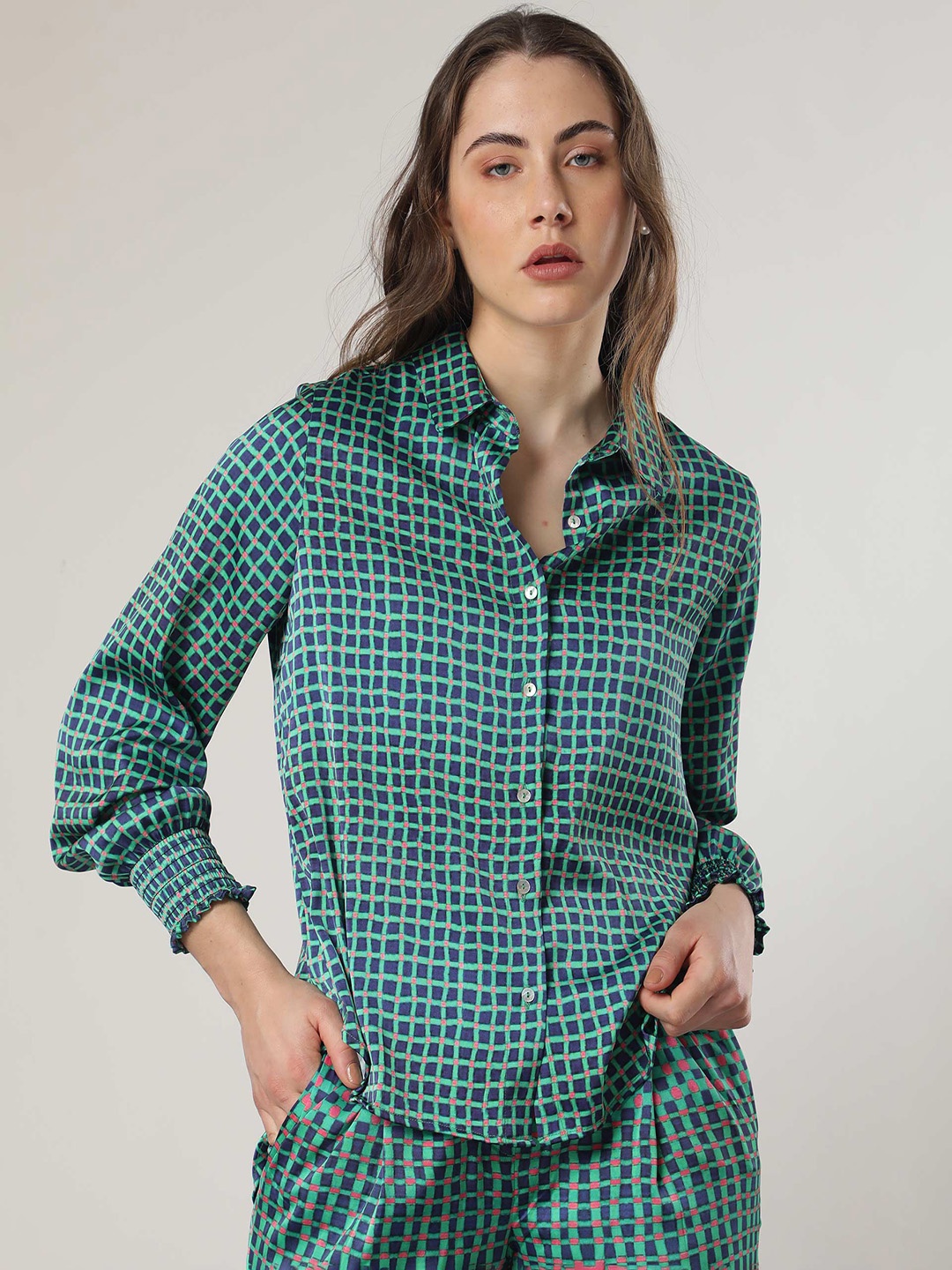 

RAREISM Checked Puff Sleeves Shirt Style Top, Green