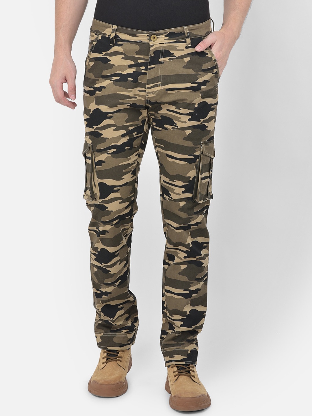 

Canary London Men Camouflage Printed Wrinkle Free Smart Cotton Slim Fit Cargos Trousers, Khaki