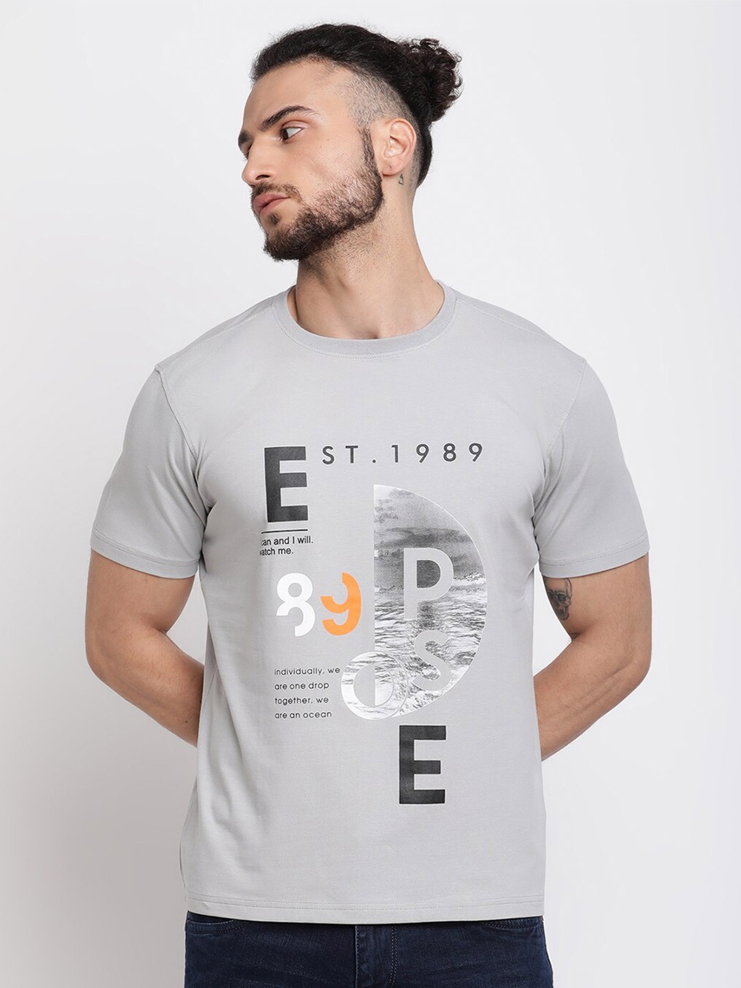 

Cantabil Typography Printed Cotton T-shirt, Grey