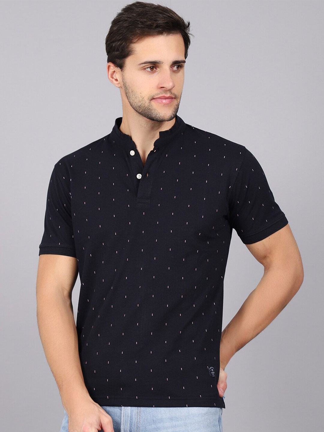 

Cantabil Micro Ditsy Printed Cotton T-shirt, Navy blue
