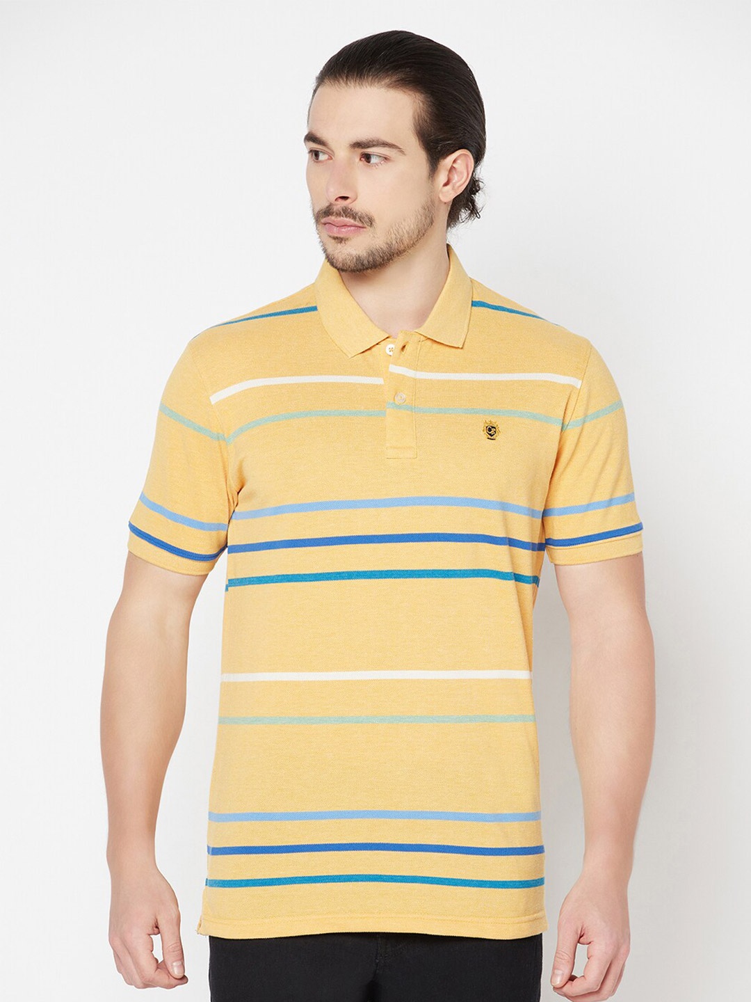 Cantabil Striped Polo Collar Cotton T-shirt, Yellow