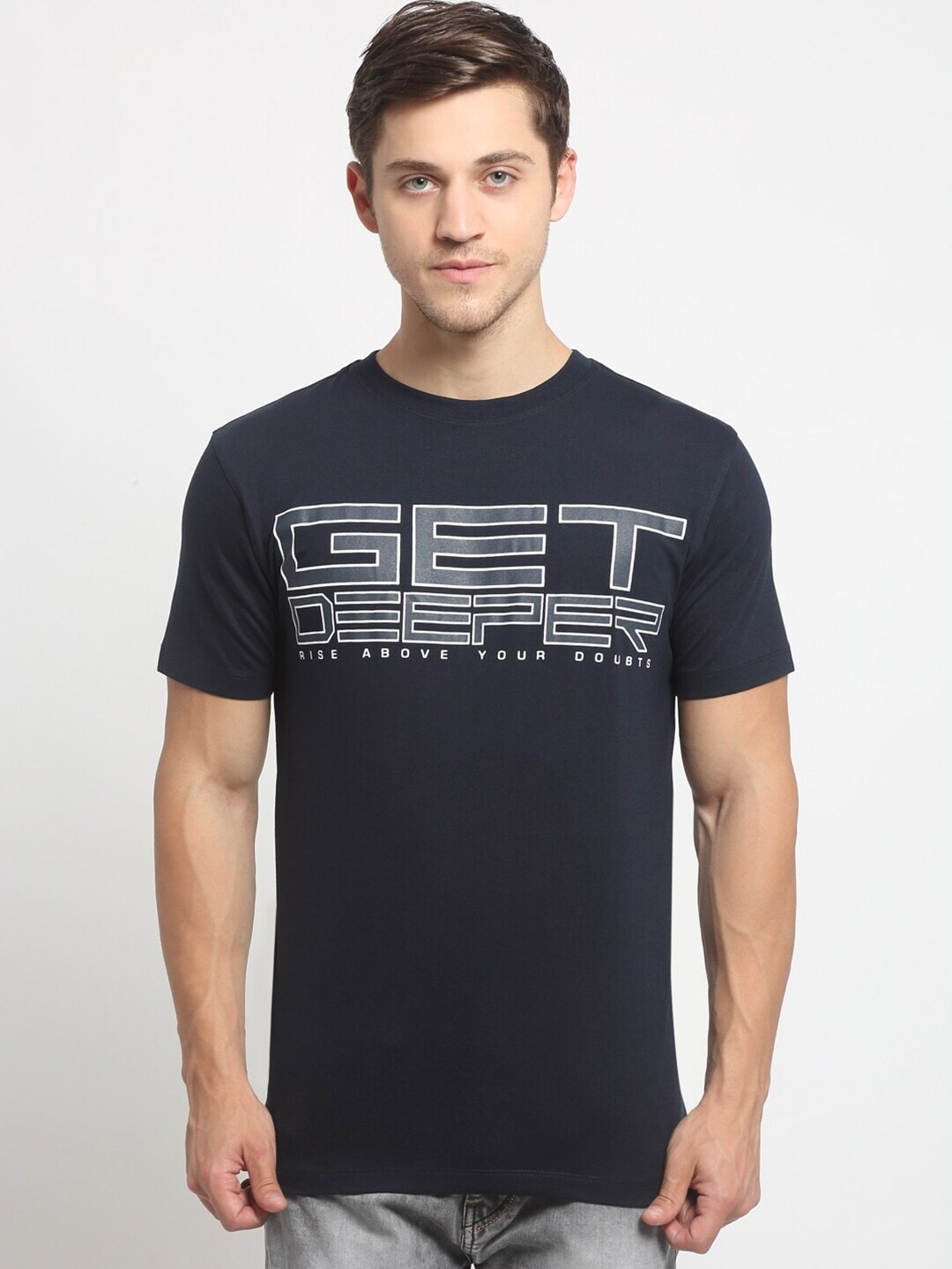 

Cantabil Typography Printed Cotton T-shirt, Navy blue