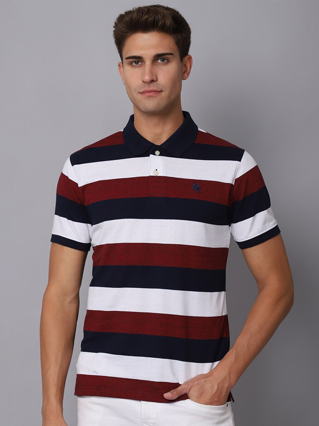 Cantabil Striped Polo Collar T-shirt, Maroon