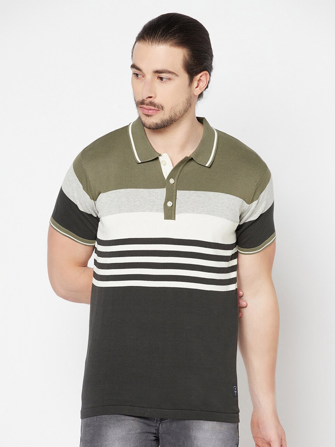 

Cantabil Striped Polo Collar Cotton T-shirt, Olive