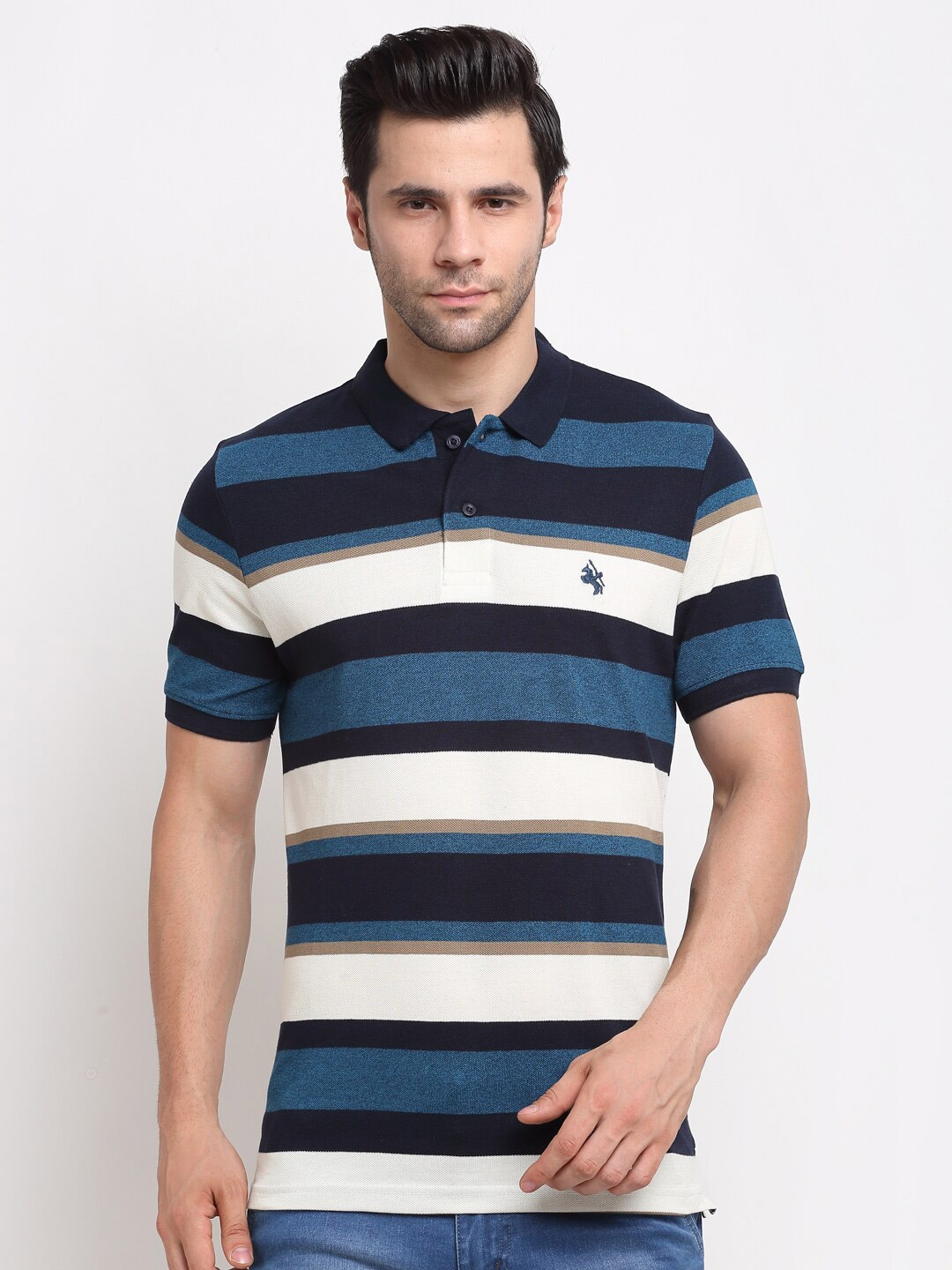 

Cantabil Striped Polo Collar Cotton T-shirt, Navy blue
