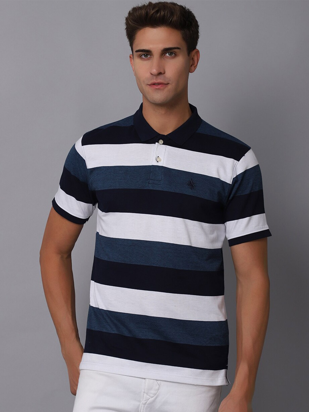 Cantabil Striped Polo Collar Cotton T-shirt, Teal