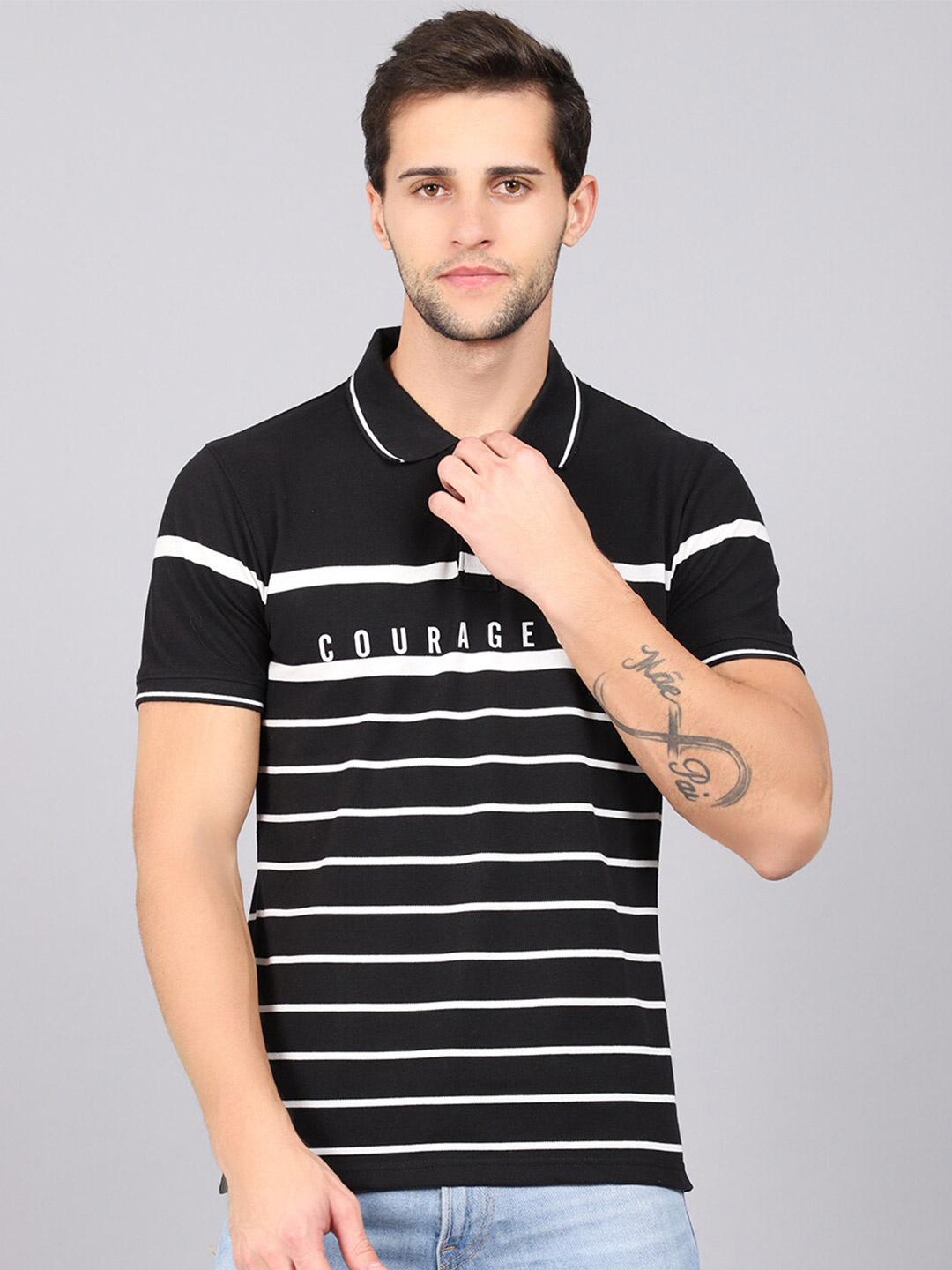 

Cantabil Striped Polo Collar Cotton T-Shirt, Black