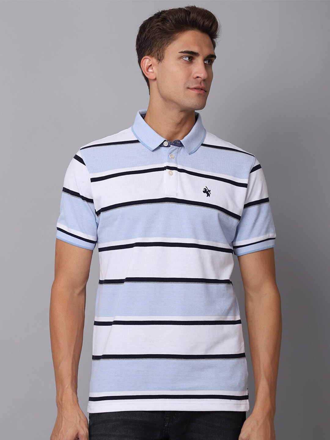 

Cantabil Striped Polo Collar Short Sleeve Cotton T-shirt, Blue