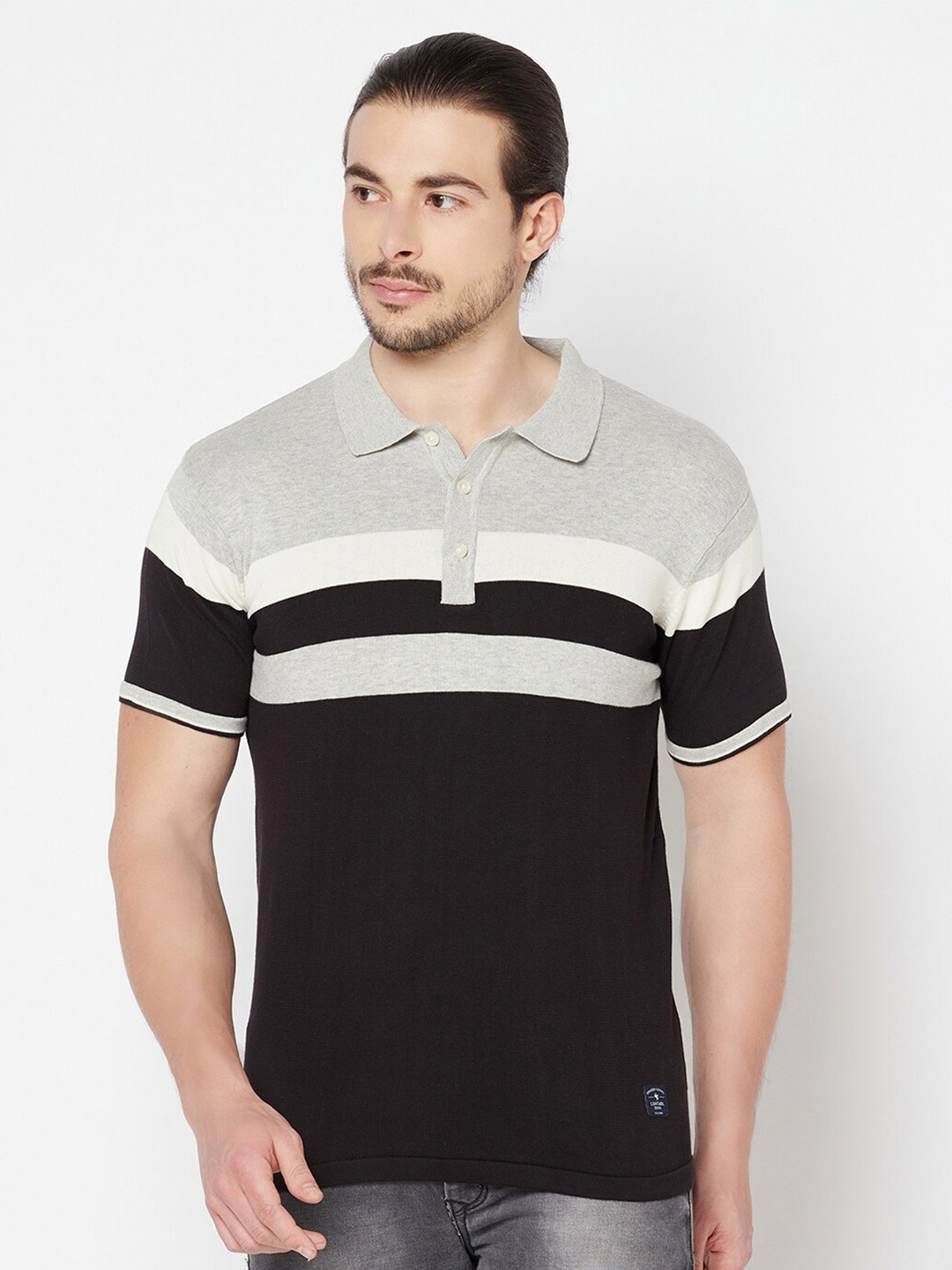 

Cantabil Colourblocked Polo Collar Cotton T-shirt, Grey melange