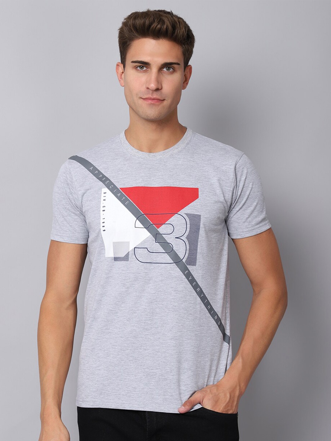 

Cantabil Typography Printed Cotton T-shirt, Grey melange