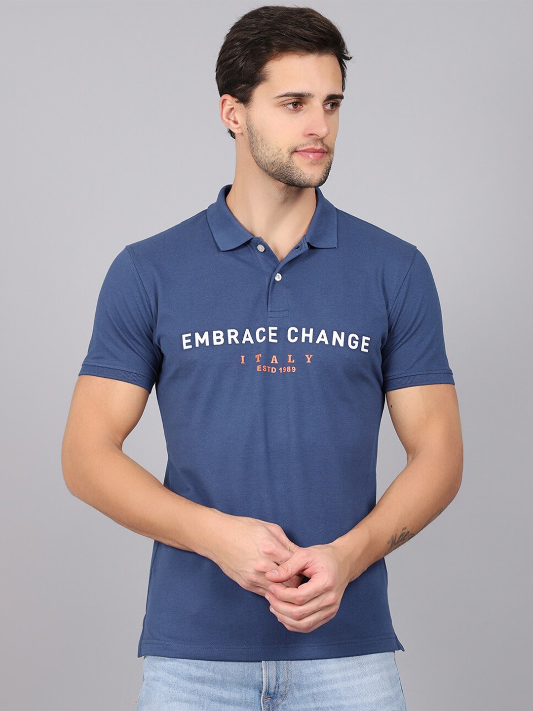 

Cantabil Typography Printed Polo Collar Cotton T-shirt, Navy blue