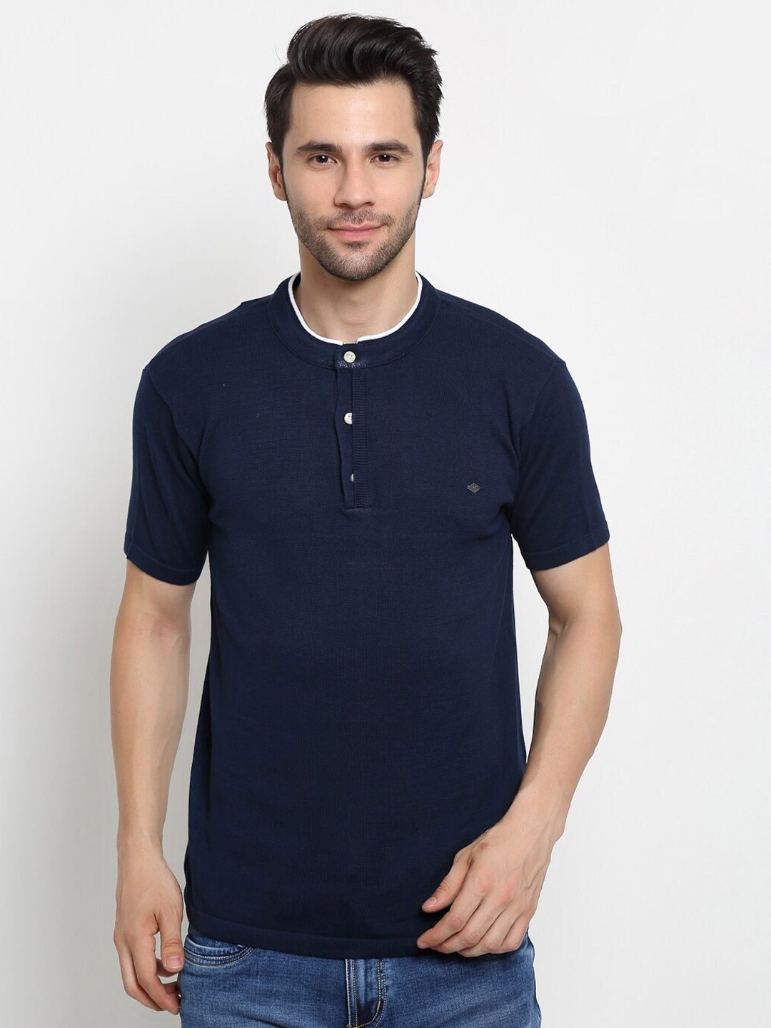 

Cantabil Mandarin Collar Cotton T-shirt, Navy blue
