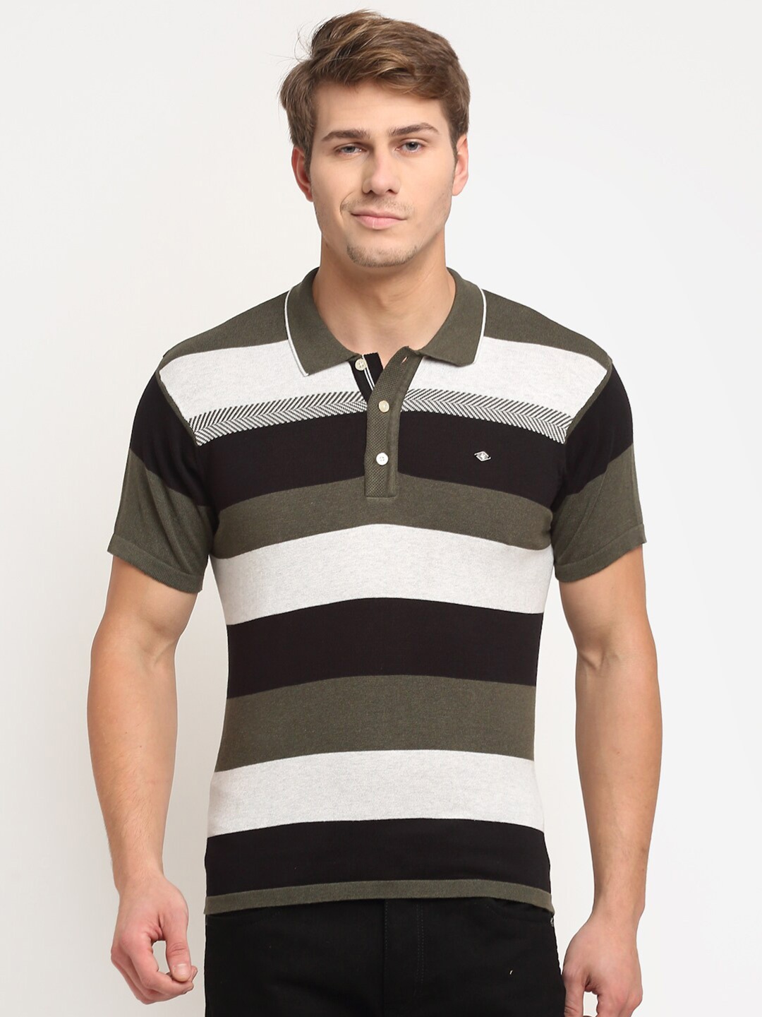 

Cantabil Striped Polo Collar Cotton T-shirt, Olive
