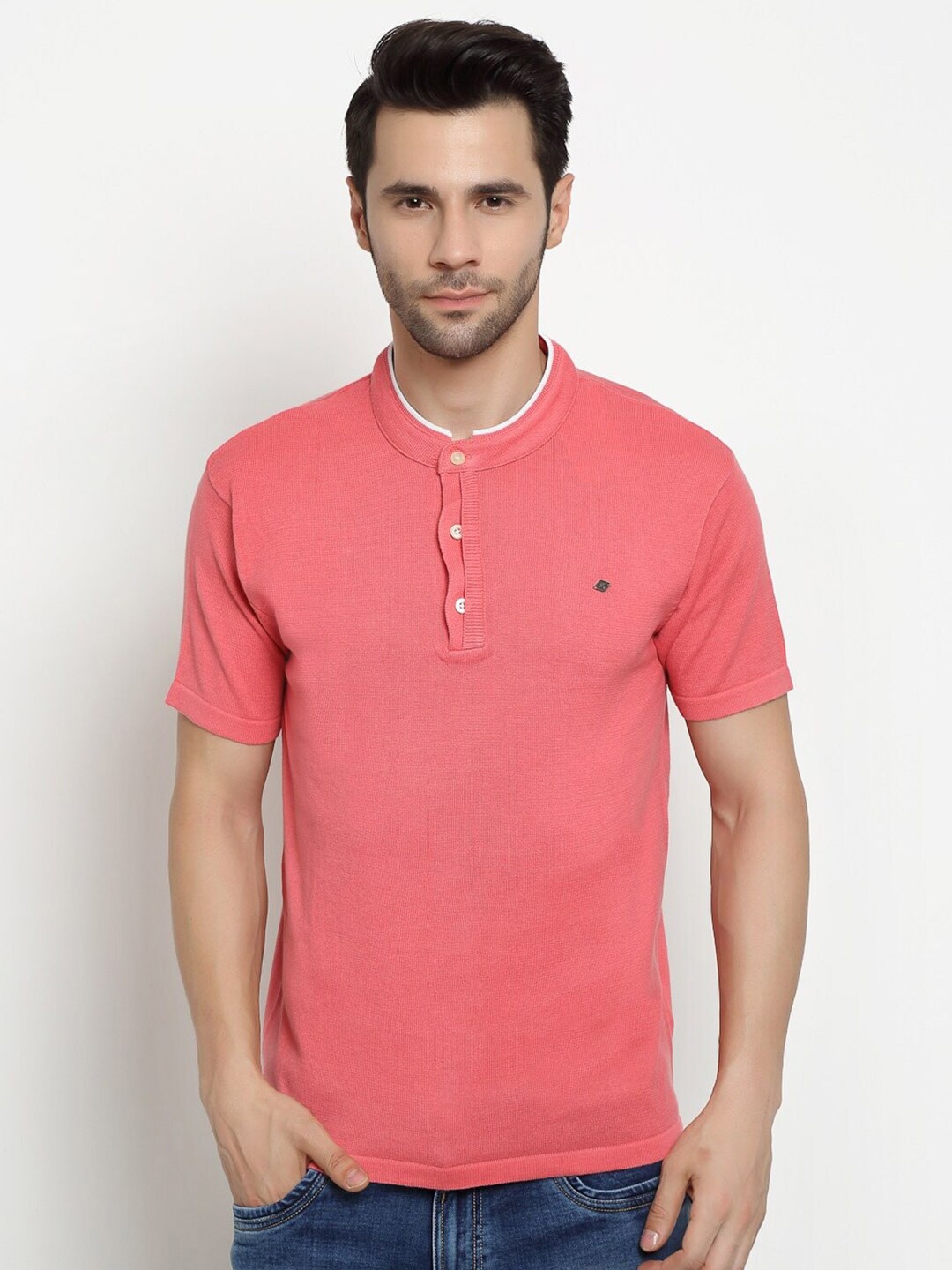 

Cantabil Henley Neck Cotton T-shirt, Coral