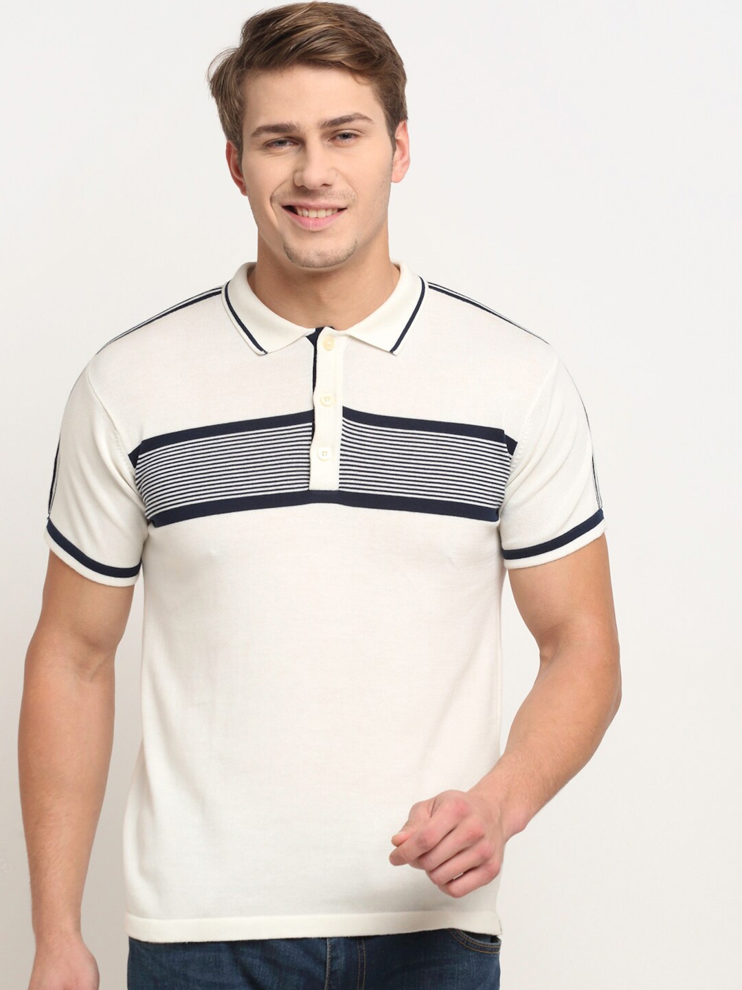 

Cantabil Striped Polo Collar Cotton T-shirt, Off white