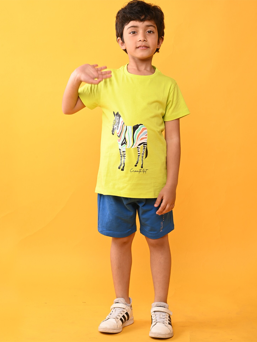 Anthrilo Boys Printed Cotton T-shirt with Shorts Set, Lime green