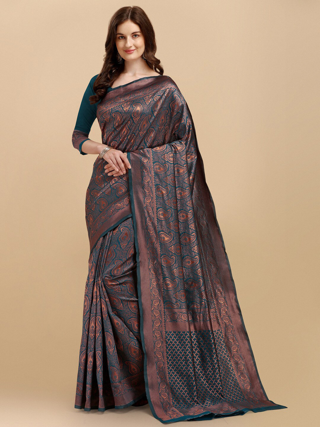

Naishu Trendz Paisley Woven Design Pure Silk Kanjeevaram Saree, Green
