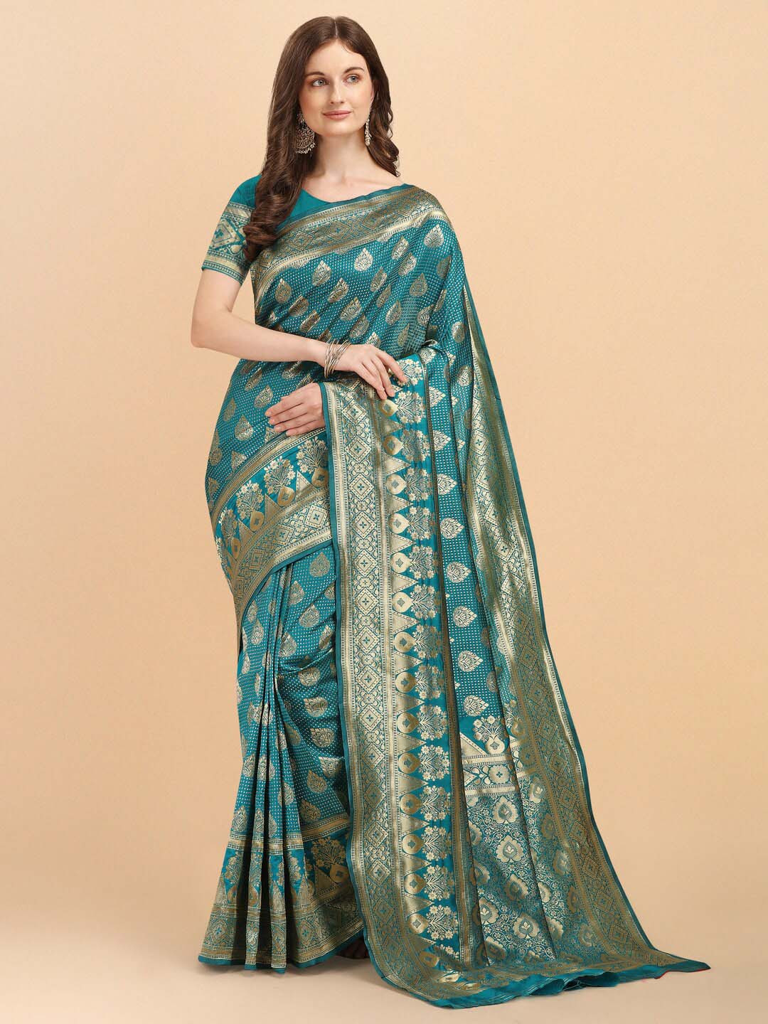 

Naishu Trendz Ethnic Motifs Woven Design Pure Silk Kanjeevaram Saree, Sea green