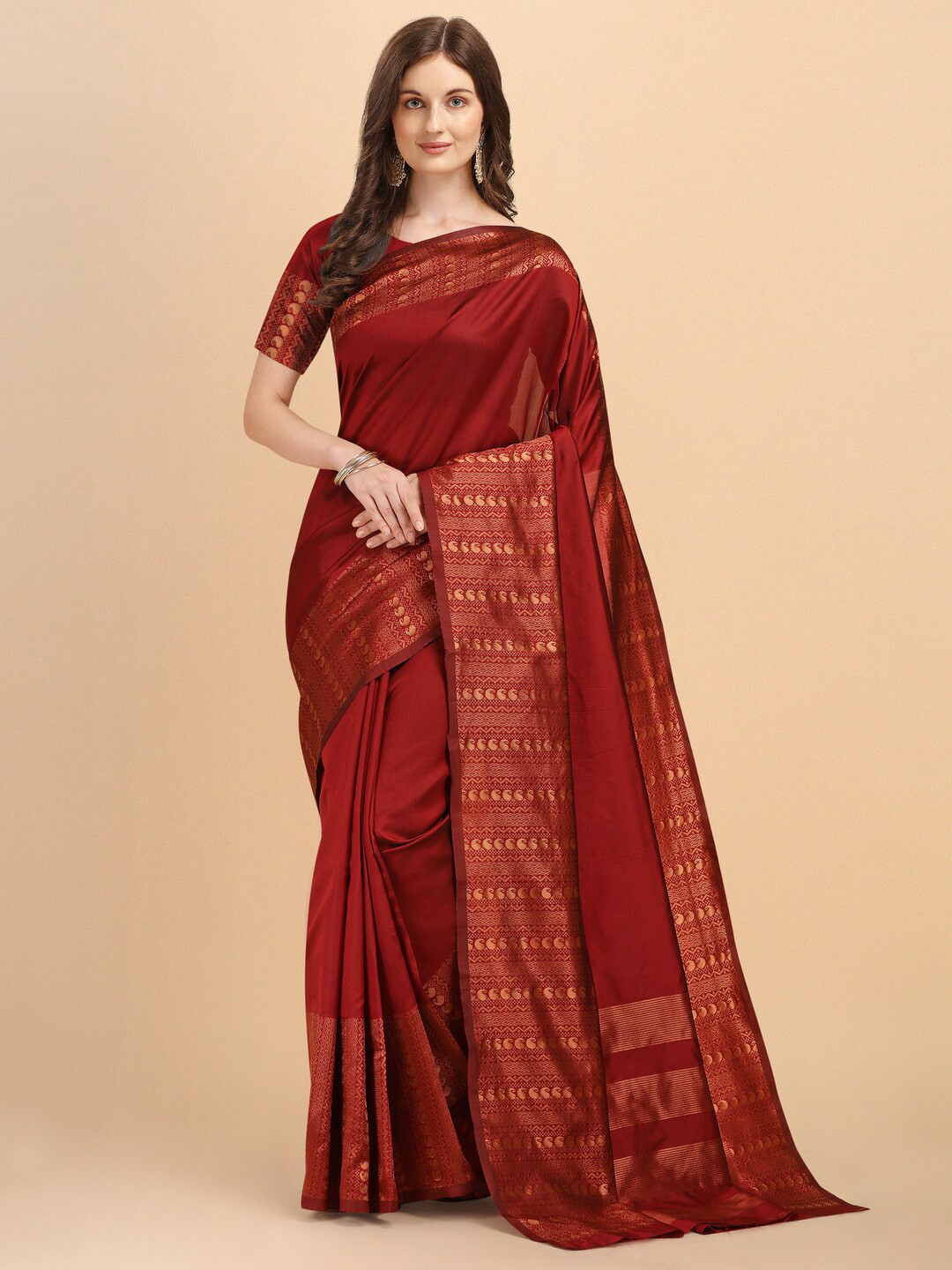 

Naishu Trendz Woven Design Pure Silk Ready to Wear Kanjeevaram Saree, Brown