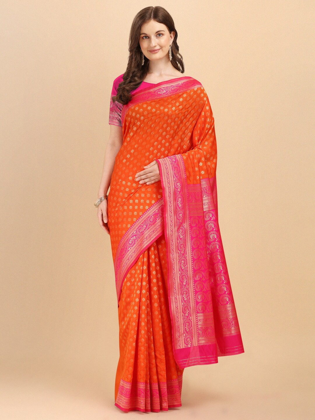 

Naishu Trendz Floral Woven Design Pure Silk Kanjeevaram Saree, Orange