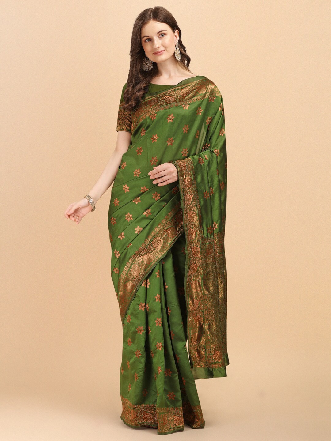 

Naishu Trendz Floral Woven Design Pure Silk Kanjeevaram Saree, Olive