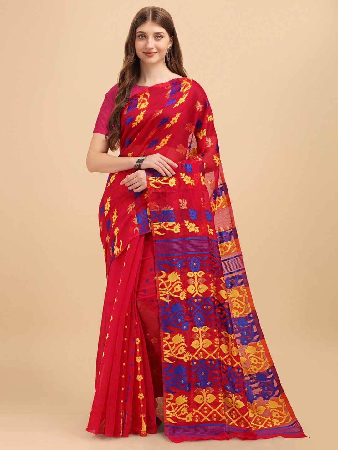 

Naishu Trendz Floral Woven Design Pure Silk Kanjeevaram Saree, Red