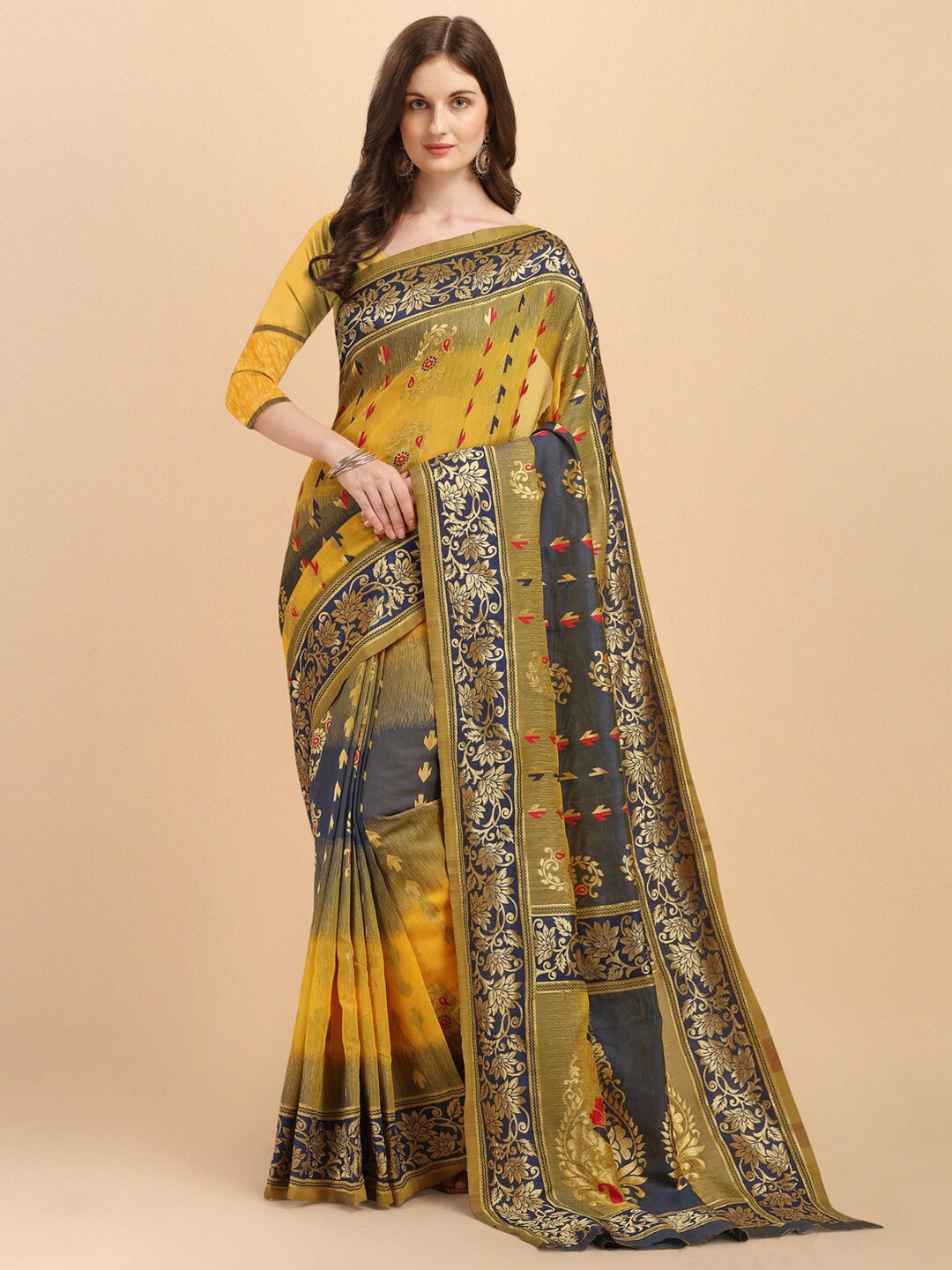 

Naishu Trendz Floral Woven Design Pure Silk Kanjeevaram Saree, Mustard