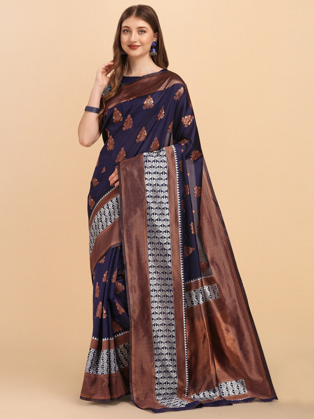 

Naishu Trendz Ethnic Woven Design Pure Silk Kanjeevaram Saree, Navy blue