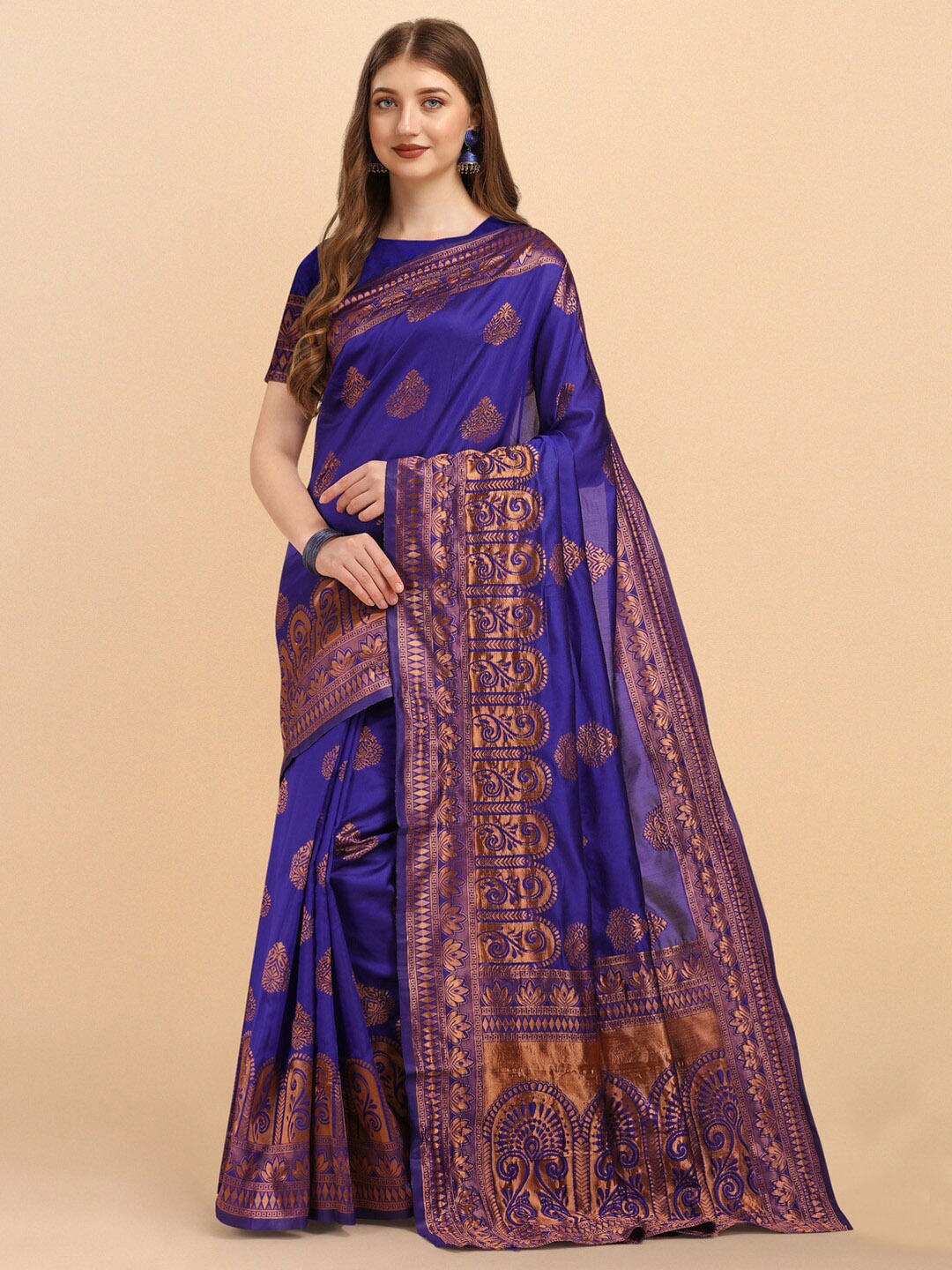 

Naishu Trendz Violet Ethinic Motifs Woven Design Pure Silk Kanjeevaram Saree