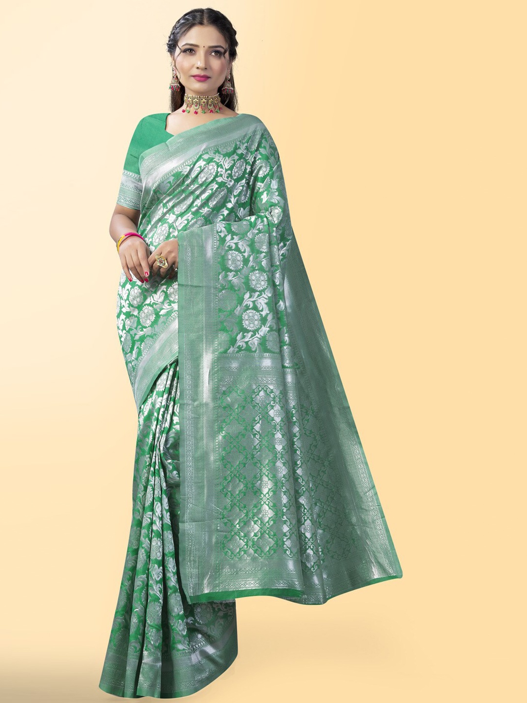 

Naishu Trendz Ethnic Motif Pure Silk Kanjeevaram Saree, Green
