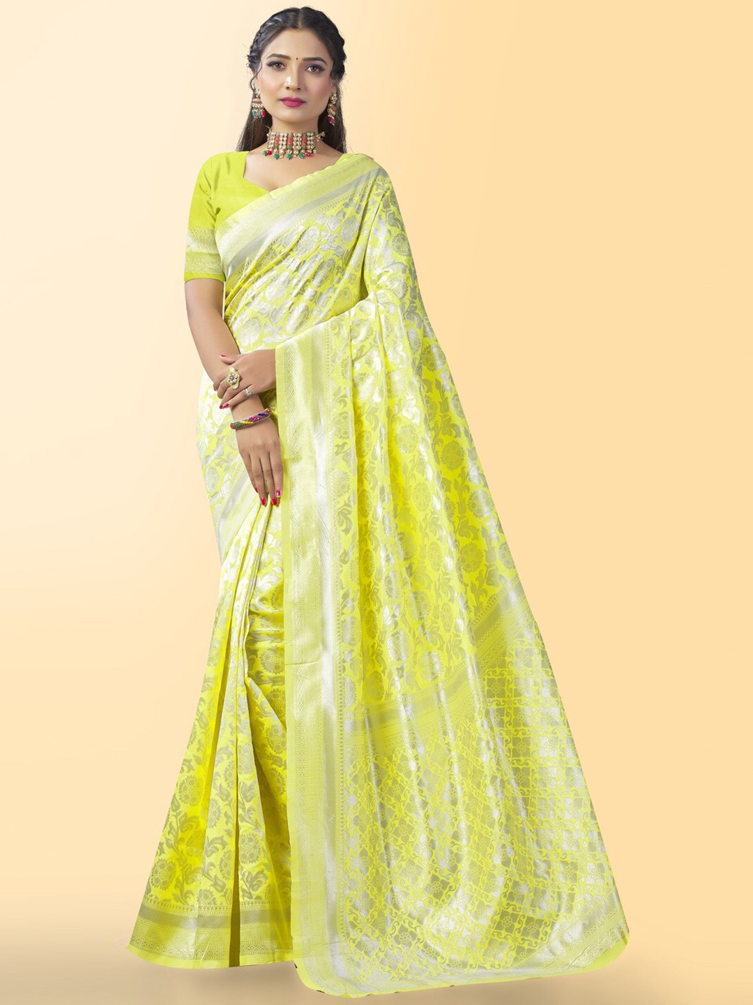 

Naishu Trendz Floral Woven Design Pure Silk Kanjeevaram Saree, Yellow
