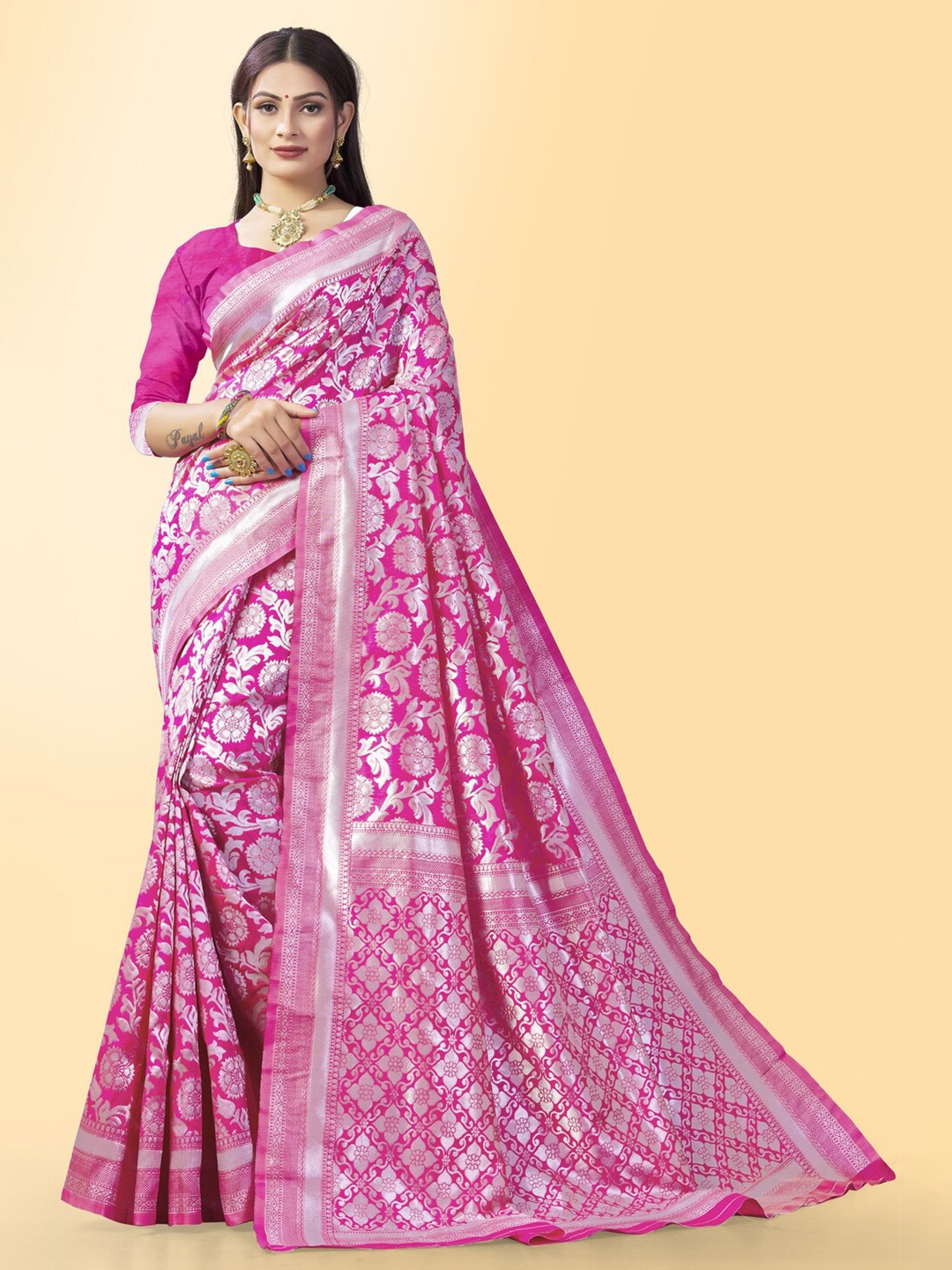 

Naishu Trendz Floral Motif Woven Design Pure Silk Kanjeevaram Saree, Pink