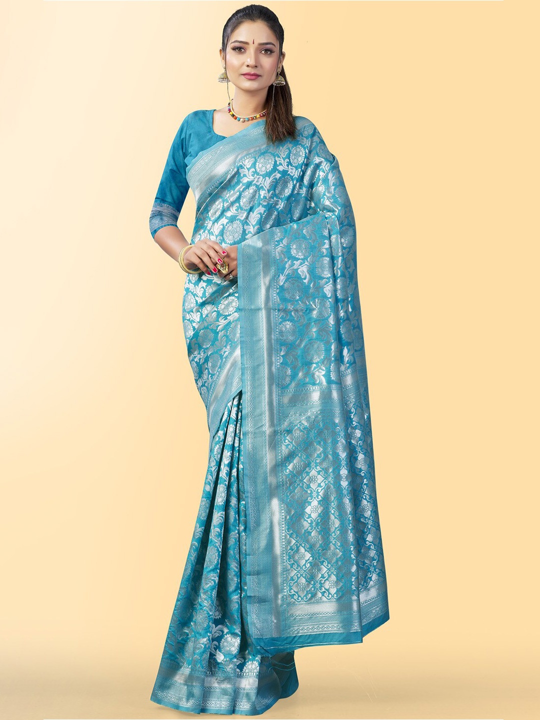 

Naishu Trendz Floral Woven Design Pure Silk Kanjeevaram Saree, Turquoise blue