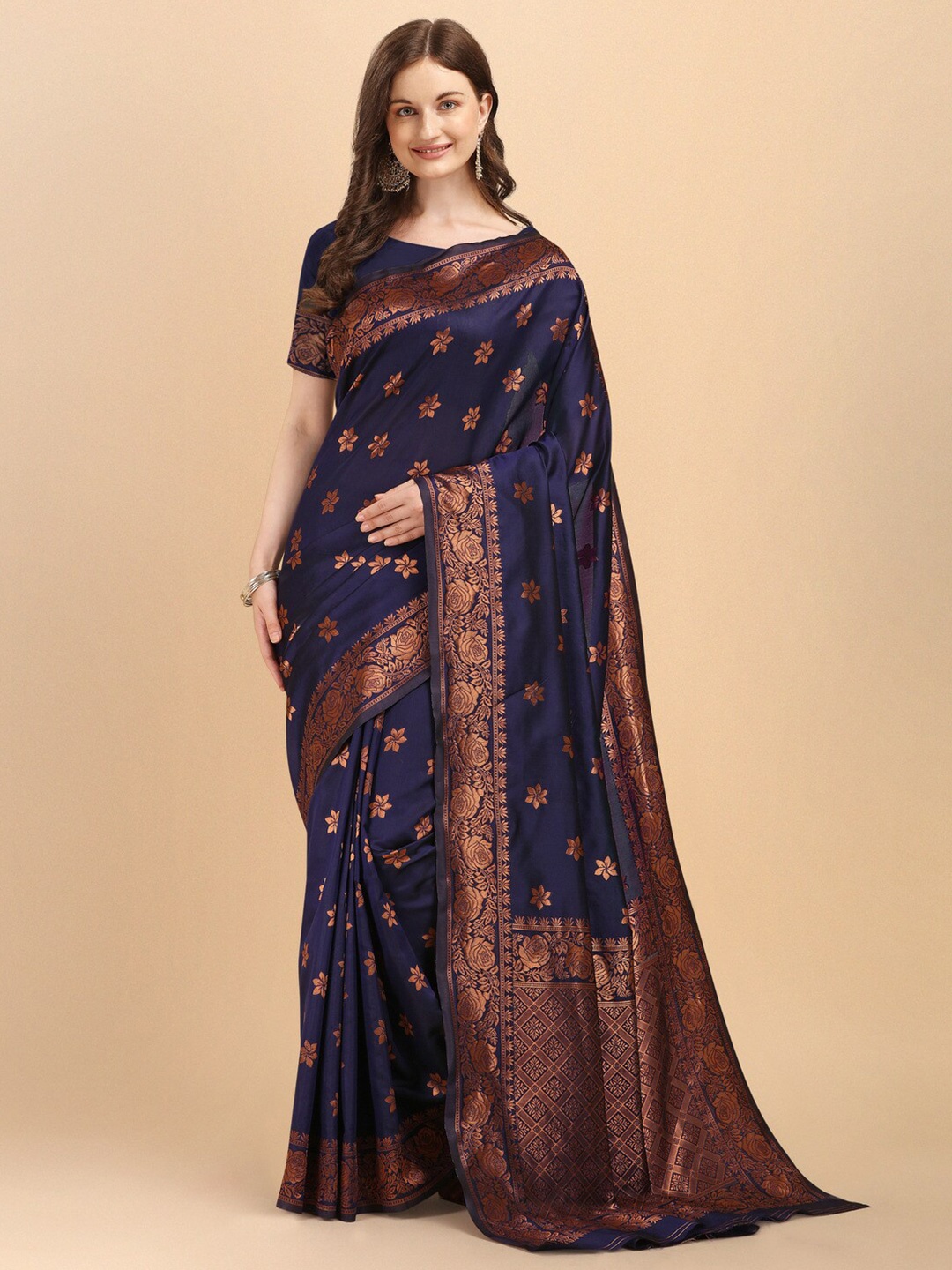 

Naishu Trendz Floral Woven Design Pure Silk Kanjeevaram Saree, Navy blue